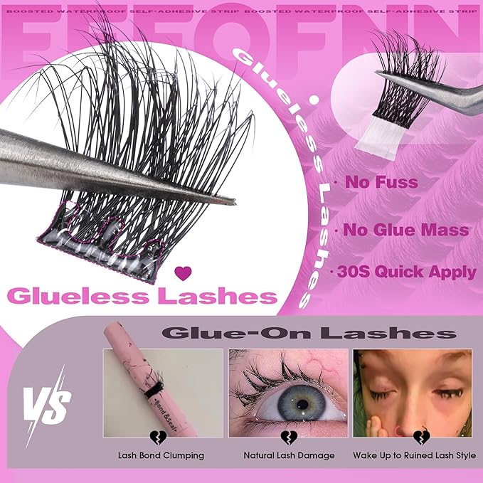 Self Adhesive Eyelashes Fluffy Self Adhesive Lash Clusters Pre Glue Eyelash Clusters Wispy Cluster Eyelash Extensions 10-16mm No Glue Needed Individual Lashes DIY Lash Extension Kit with Tweezers