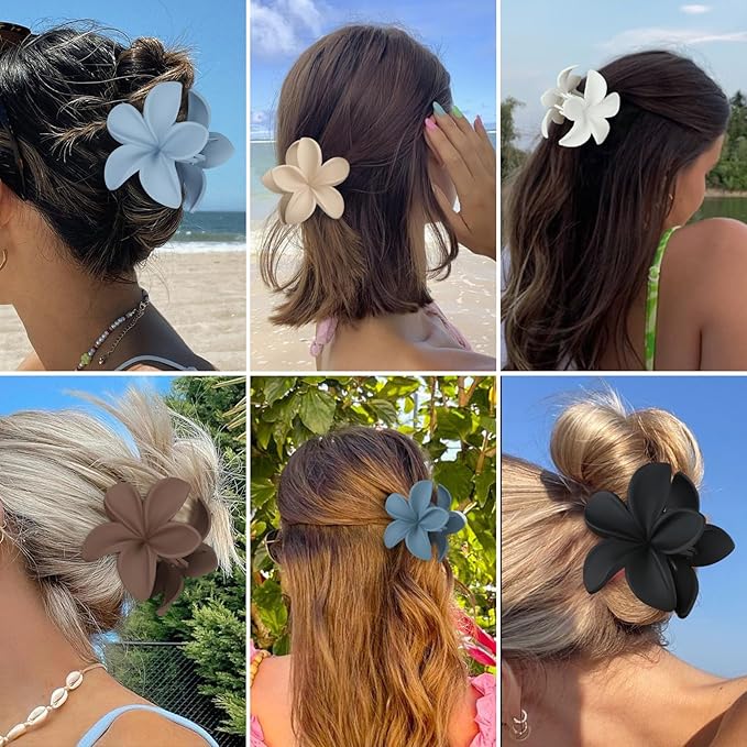 Hair Clip, 6 Pcs Large Plumeria Flower Claw Clips for Thick Medium Hair - Blue Brown Beach Hair Accessories for Women and Girls