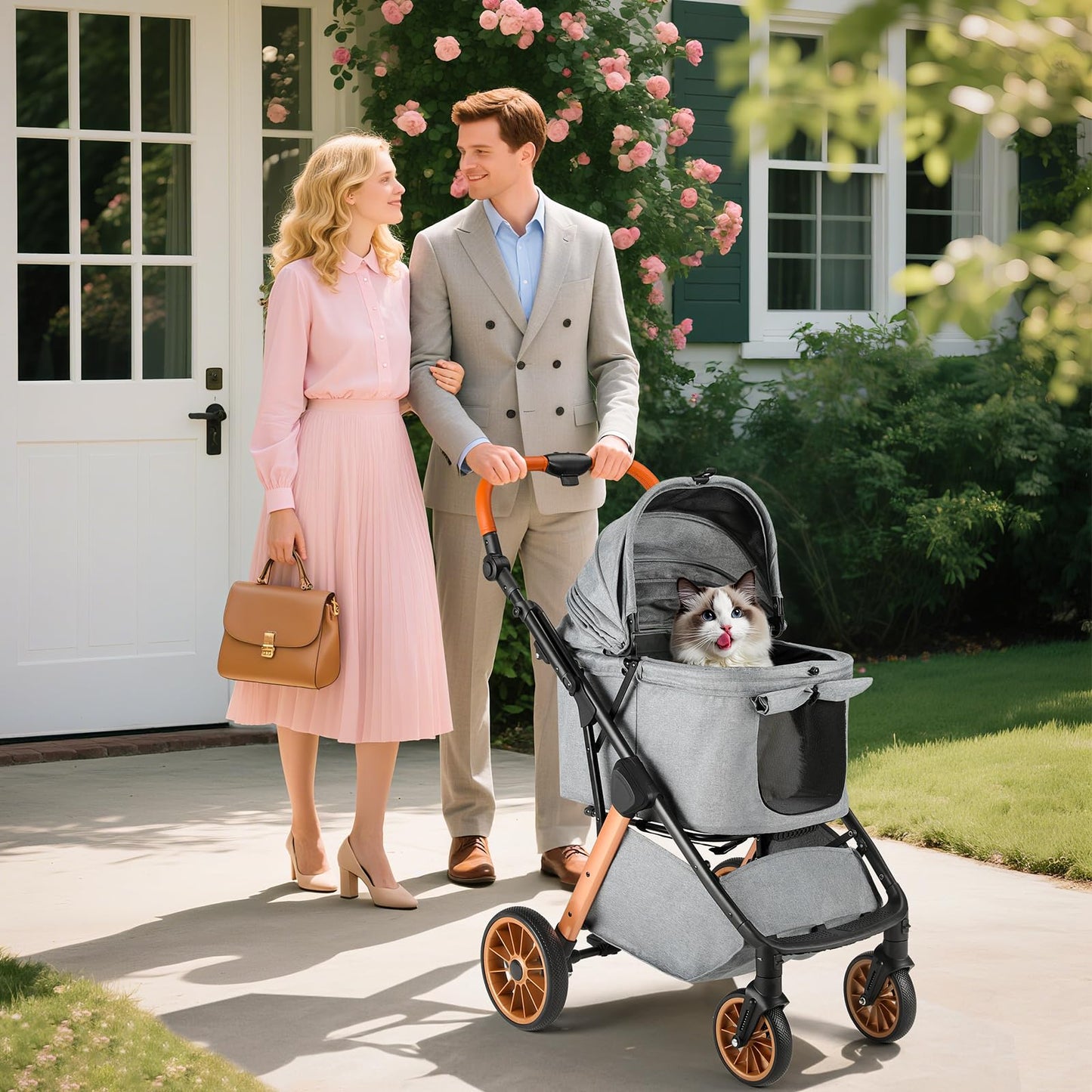 MAMIZO Foldable Dog Stroller for Medium Dogs Cats Up to 33 Lbs, Adjustable Height Handle, Pet Stroller with Aluminum and Carbon Steel Frame, Sun Shades, Storage Basket & Shock Absorbers, All-Terrain
