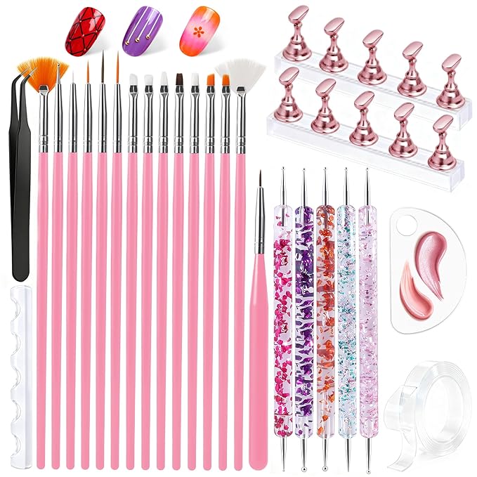 Artdone Nail Art Brushes With Nail Stands Nail Art Tool Set, Dotting Tools, Dust Brush,Striping Brushes for Long Lines, Drawing Pen For Gel Polish Design supply