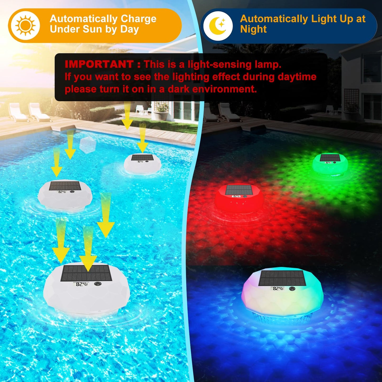 Solar Powered Pool Chlorine Floater with Digital Thermometer & LED Light, Floating Chlorine Dispenser for 3” Chlorine Tablets (Tablets Not Included), Pool Thermometer for Inground & Above Ground Pools