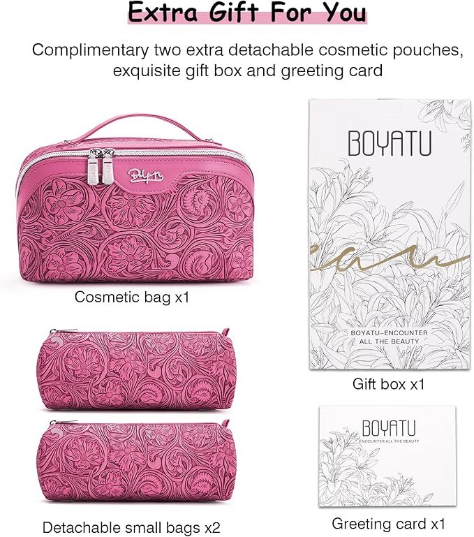 BOYATU Travel Makeup Bags Cosmetic Organizer Bag: 3 Pcs Set Large Capacity Floral Make up Bag with Compartments - Waterproof Leather Toiletry Bags with Handle for Women (20-Red)