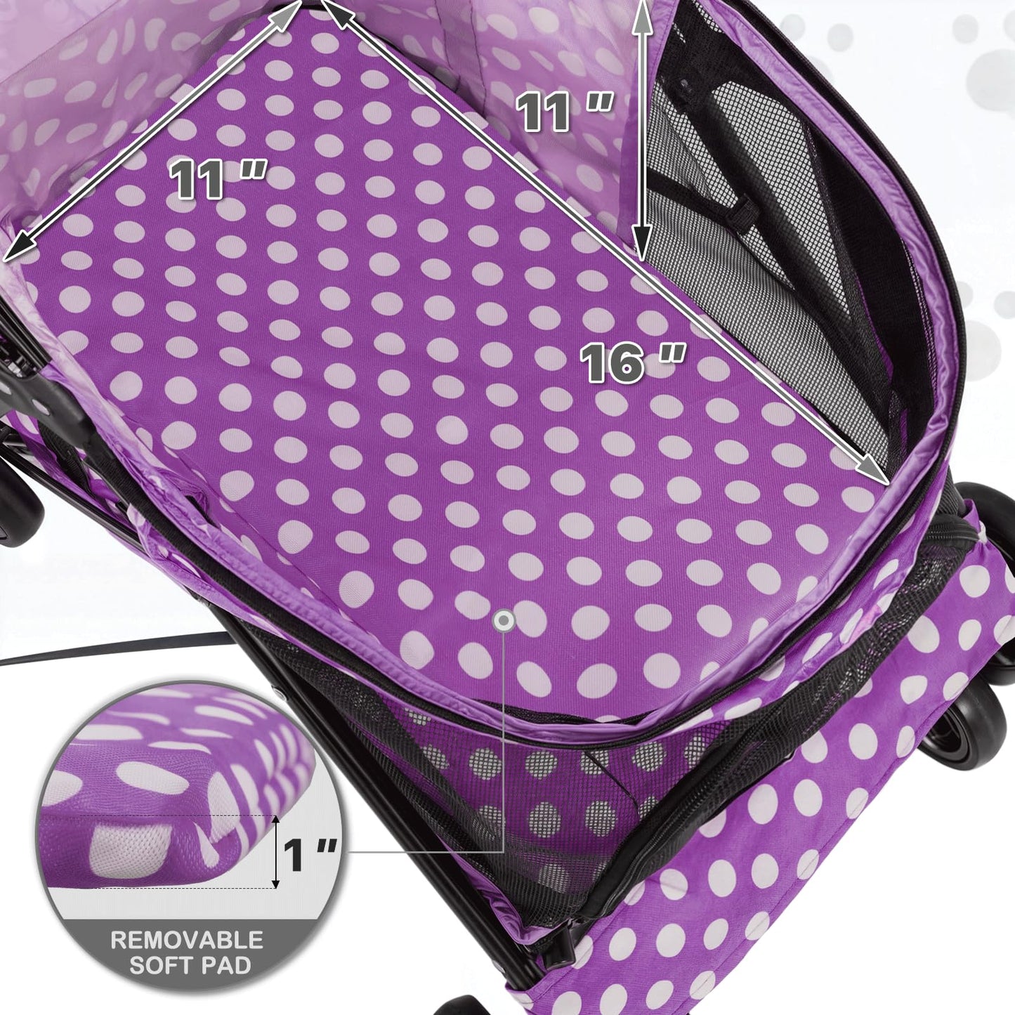 MoNiBloom 4 Wheels Pet Stroller, Easy-Fold Umbrella Shaped Dog Cat Jogger Stroller w/Storage Bag & Visible Mesh for Small/Medium Dogs Cats Purple Polka Dots