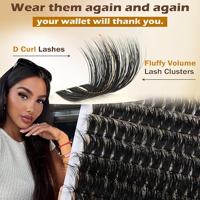 Focipeysa Fluffy Volume Lash Clusters DIY Eyelash Extension Kit D Curl Thick Lash Clusters Kit 10-18mm Thick Lash Extensions 90D Individual Eyelashes Extensions Kit with Lash Bond Lash Remover