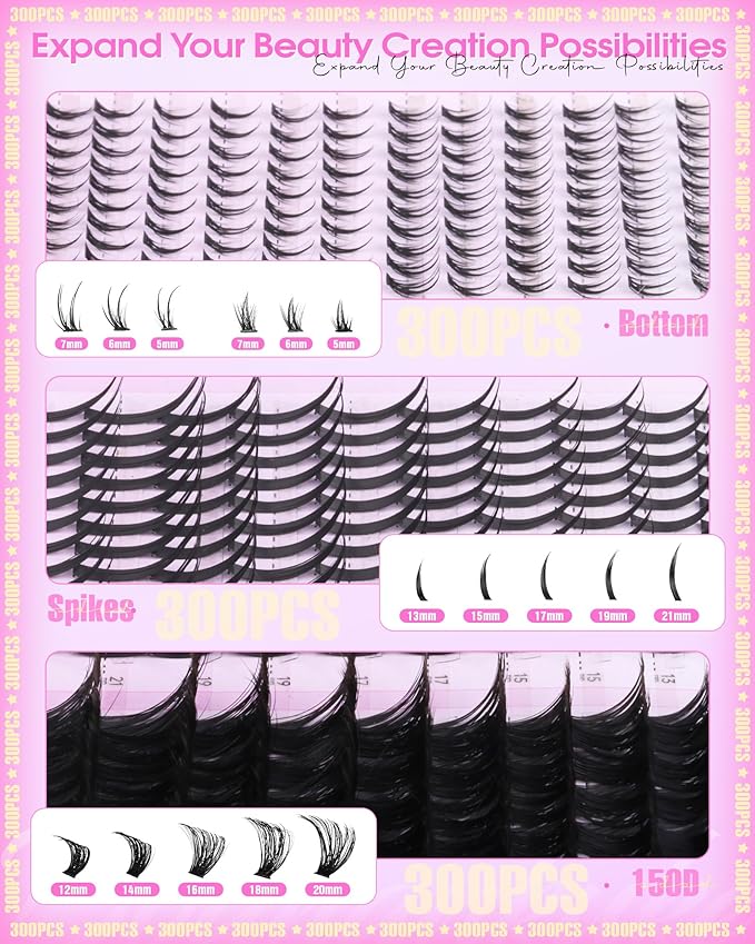 Wispy Lash Clusters with Spikes Volume Eyelash Clusters with 2 Bottom Lashes 150D D Curly Lashes Clusters 300PCS Mink Cluster Eyelash Extensions Spiky Individual Lashes with Bottom Lash Clusters
