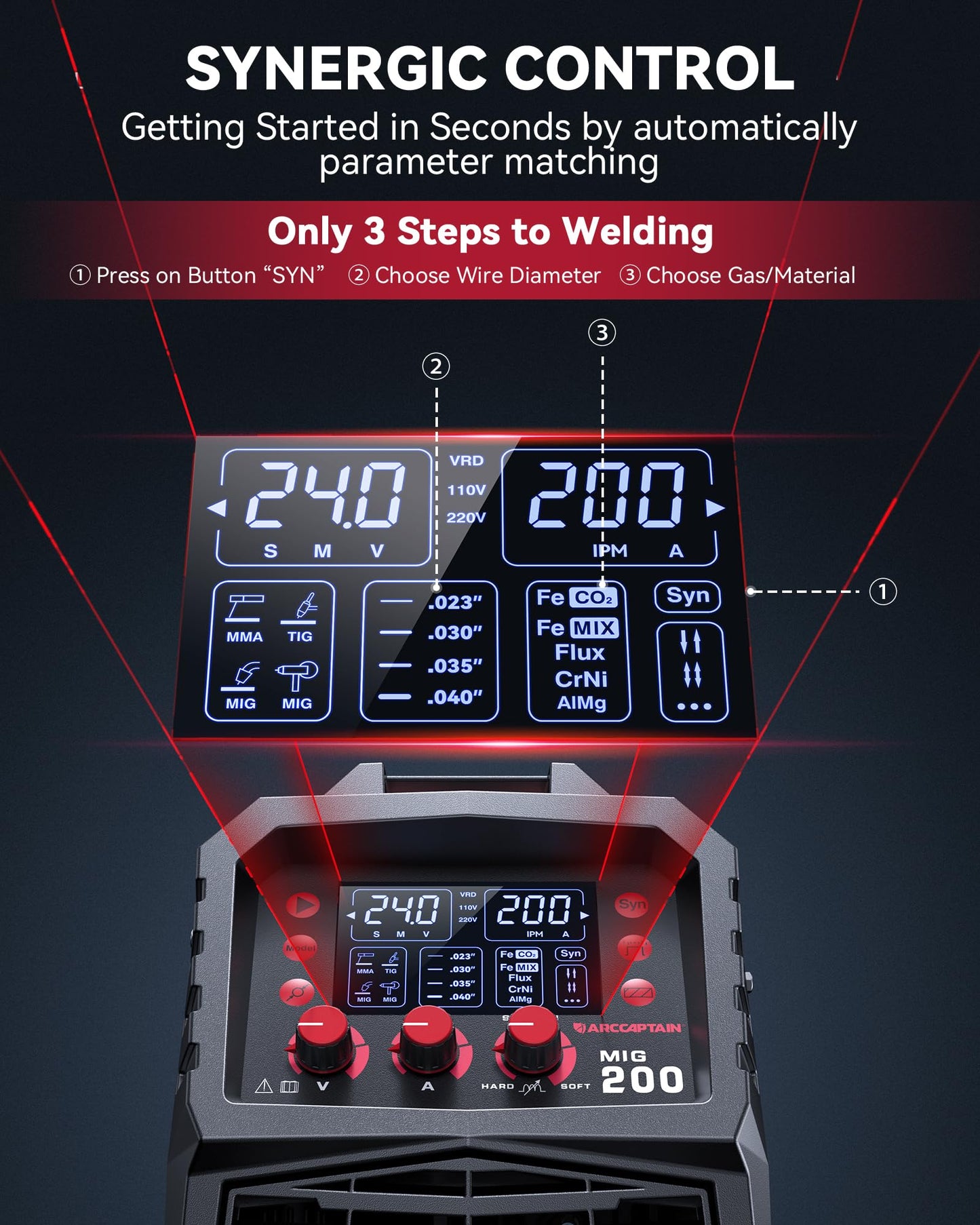 ARCCAPTAIN MIG Welder, 200Amp 6 in 1 Gas MIG/Gasless Flux Core MIG/Stick/Lift TIG/Spot welding/Spool Gun 110V/220V Aluminum Multi Process Welding Machine with LED Digital Display, Burn Back Adjustment