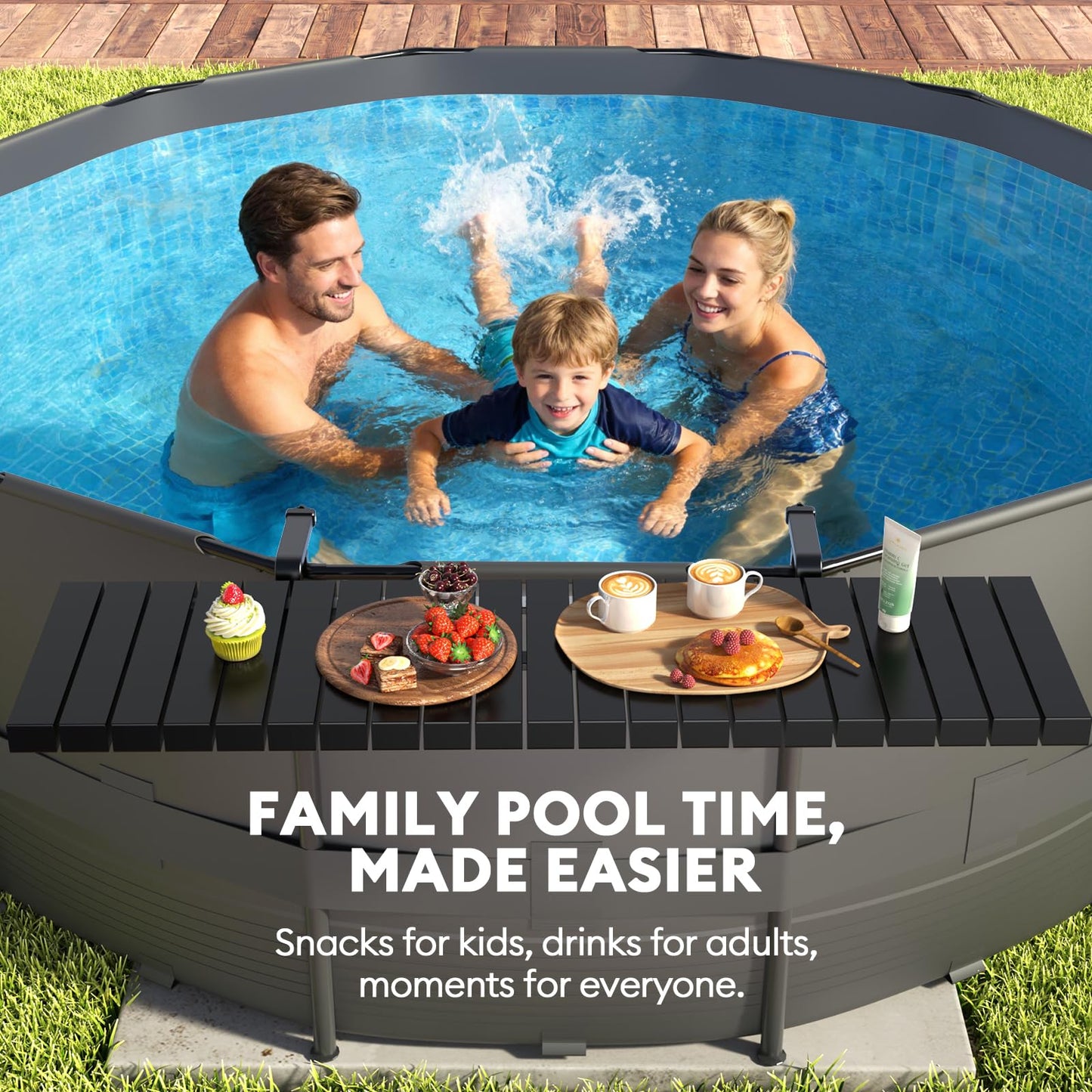 Pool Bar for Above Ground Pools, Stable Poolside Drink & Snack Table Supports Up to 110 lbs, Large Heavy-Duty Metal Poolside Bar Fits ≤4.4” Rails for Framed Round & Oval Pools, Ideal for Pool Parties