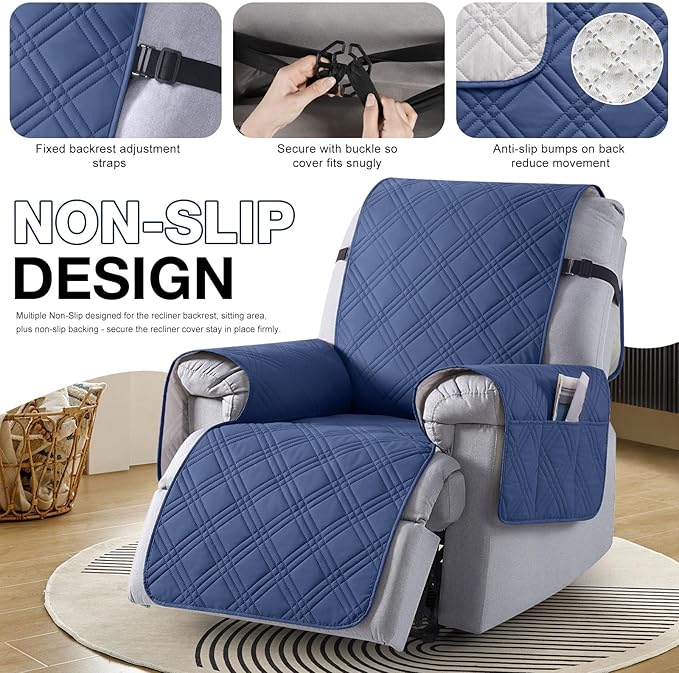 TAOCOCO 100% Waterproof Recliner Chair Covers, Non Slip Recliner Covers for Recliner Chair with Pocket, Washable Reclining Chair Cover Furniture Protector for Kids,Dogs(22'', Ocean Blue)