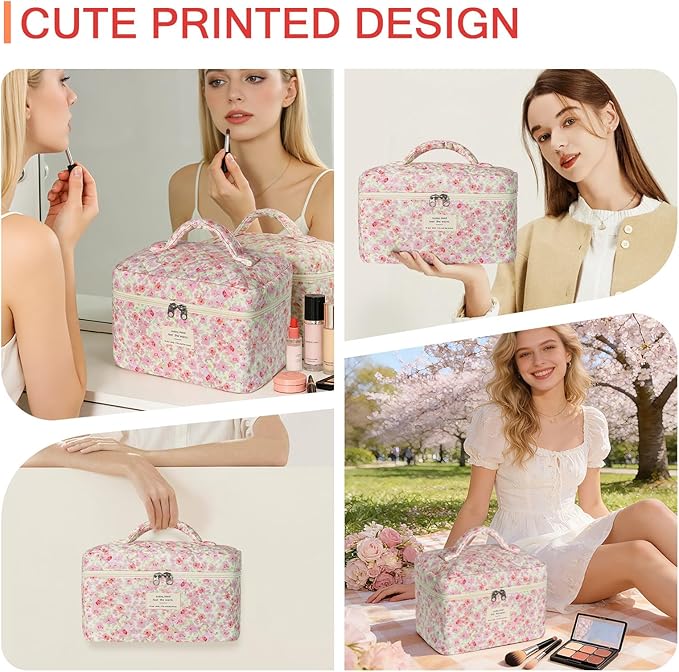 Gosect 1pc Large Makeup Bag, Cute Cosmetic Bag for Women Girls, Floral Coquette Aesthetic Toiletry Bag, Travel Make Up Organizer Bag (Pink Floral Print
