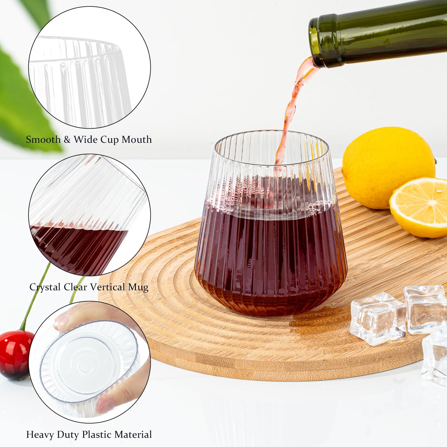 BESTSTAR 36 Pcs 12 oz Plastic Ribbed Wine Glasses, Reusable Champagne Glasses Elegant Whiskey Glasses Ideal for Weddings, Bars, Christmas, Halloween,Holidays,pool party,Daily Use