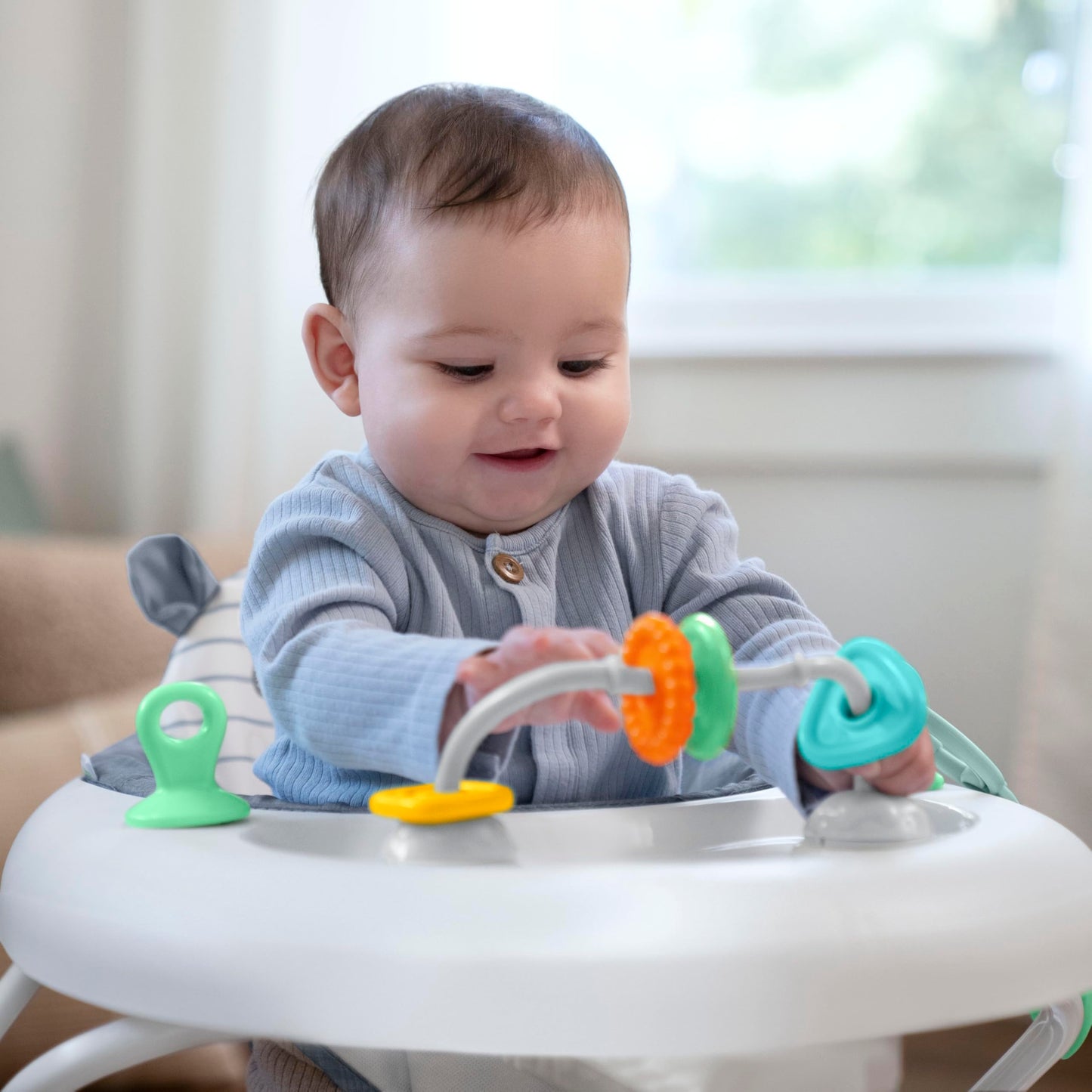 Ingenuity Smooth Strides Activity Baby Walker - Chambray, Developmental Walker, 3 Adjustable Heights, Toys Included, 6M-12M