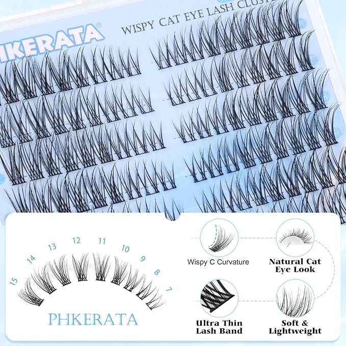 PHKERATA Wispy Lash Clusters Natural Eyelash Clusters 7-15 mm C Curvature Eyelash Clusters Lashes 144 pcs Wispy Cat Eye Individual Lashes Clusters DIY Eyelash Extensions