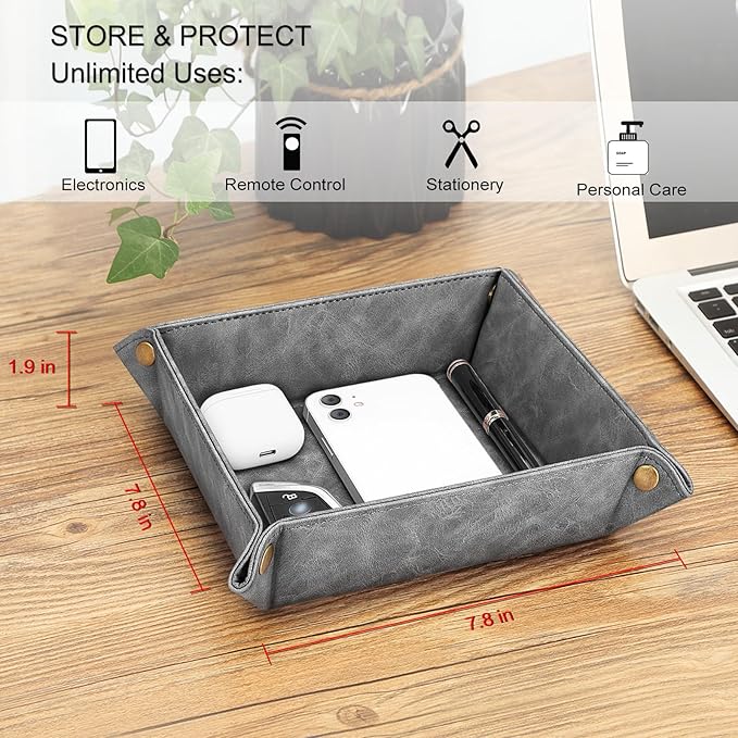 SITHON Valet Tray Desktop Storage Organizer Ã¢ÂÂ Premium PU Leather Catchall Bedside Vanity Tray Nightstand Caddy Holder for Remote Controller, Keys, Phone, Wallet, Coin, Jewelry (Gray)