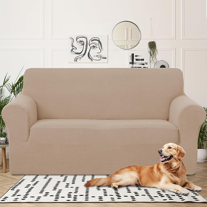 U-NICE HOME Oversized Stretch Loveseat Couch Cover Sofa Covers Washable Sofa Slipcover Furniture Protector for 2 Cushion Couch Sofa Pet Friendly, Camel