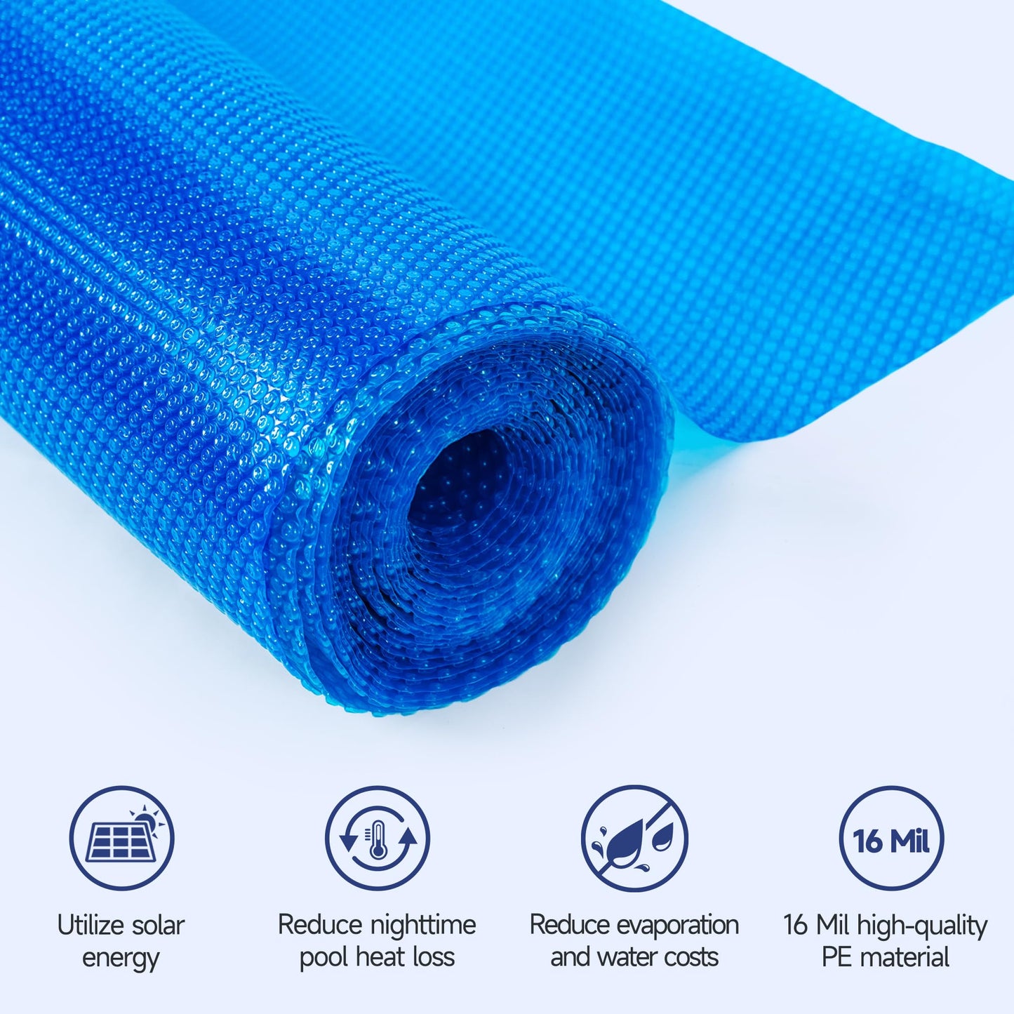 Solar Pool Cover, Durable 16 mil 16 × 32 ft Pool Covers for Inground & Above Ground Pools, Solar Pool Heater, Rectangle Solar Blanket with Bubbles, Blue