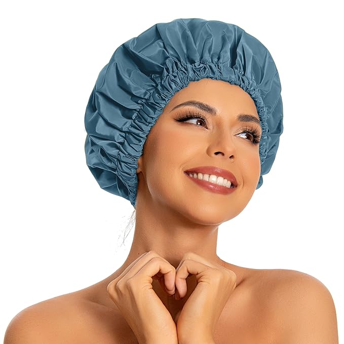Reusable Shower Cap for Women, Large Waterproof Shower Bonnet with Elastic Band, Washable Bath Hair Cap for Long, Curly Hair, Braids, Daily Shower, Home Spa, Travel(Haze Blue)
