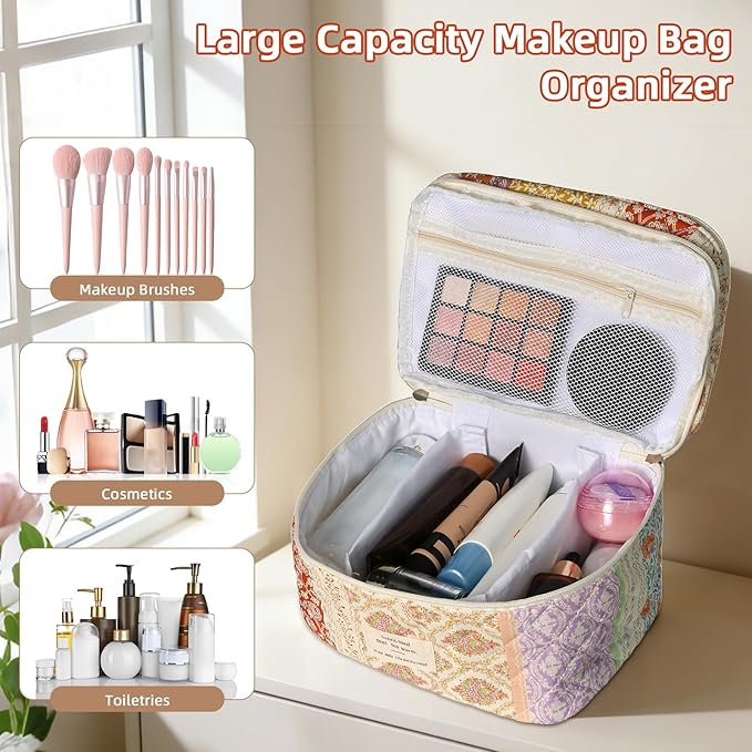 Makeup Bag, Portable Travel Make up Bag, Large Capacity Quilted Cosmetic Organizer Bag, Cute Floral Toiletry Bag for Women Girls (Color Flowers)