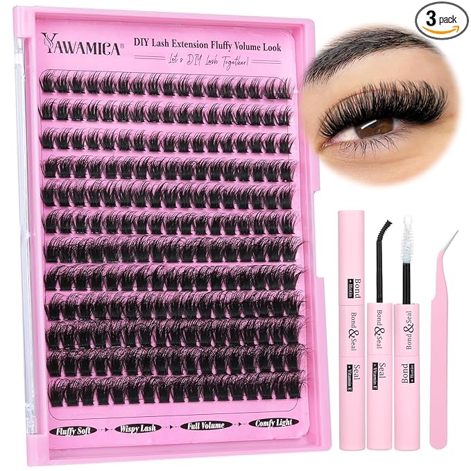 Fluffier Lashes Clusters Kit Wispy Individual Lashes 100D Volume Cluster Eyelash Extensions Kit 10-16mm D Curly Lash Extension Kit with Bond and Seal and Lash Tweezers DIY Eyelash Kit by Yawamica