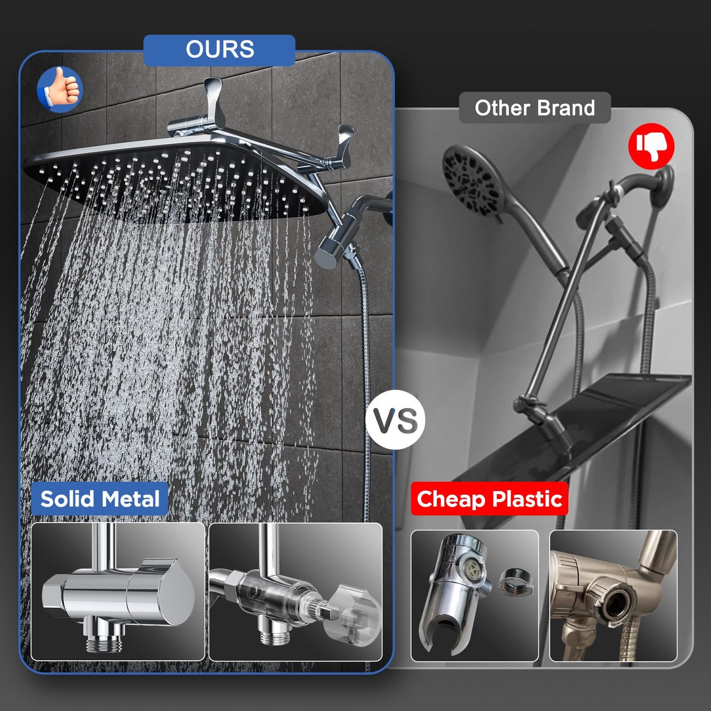 Veken Wide High Pressure Rain Shower Head with Handheld, Handheld Shower Heads with Multi Spray Modes, Rainfall Combo with 15" Metal Extension Arm,Detachable Dual Shower, Bathroom Decor,Chrome Silver