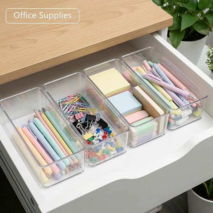 8 PACK Drawer Organizer Bins Bathroom Deep Drawer Organizer Tray for Cutlery Vanity Make-up, Clear Stackable Storage Bins for Kitchen Cabinet Closet Counter Organization and Storage