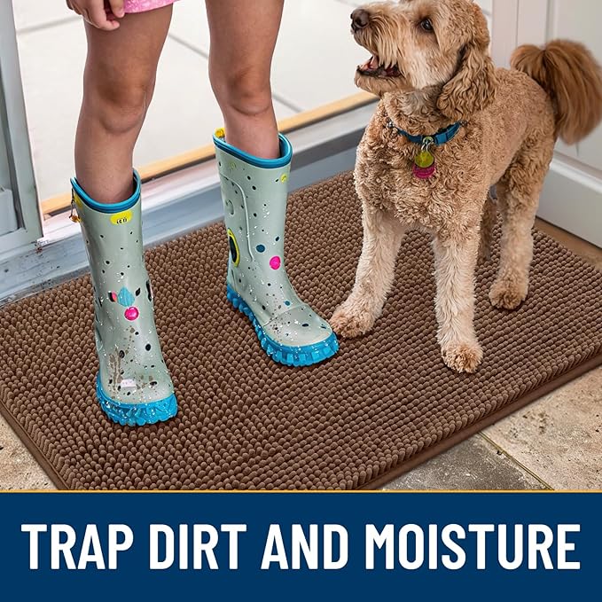 Smiry Dog Door Mat for Muddy Paws 36x24, Absorbs Moisture and Dirt Doormat, Non-Slip Washable Quick Dry Chenille Front Door Mat Indoor Entrance, Entryway Carpet for Inside Floor, Mocha