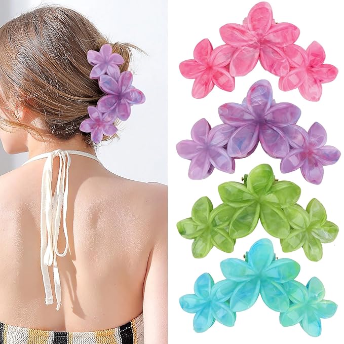 ANBALA 4Pcs Hawaiian Flower Hair Clips Plumeria Flower Claw Clips for Women Summer Beach Hair Accessories (Colorful)