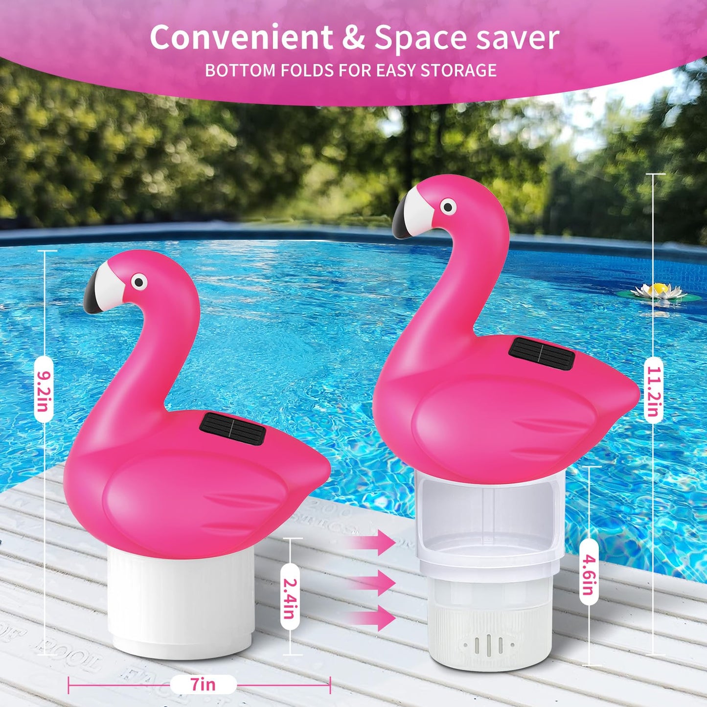 Uekars Solar Pool Chlorine Floater, Flamingo Chlorines Floater with Light, Glow in Dark Chlorines Tablet Floater (Red, 11 in)