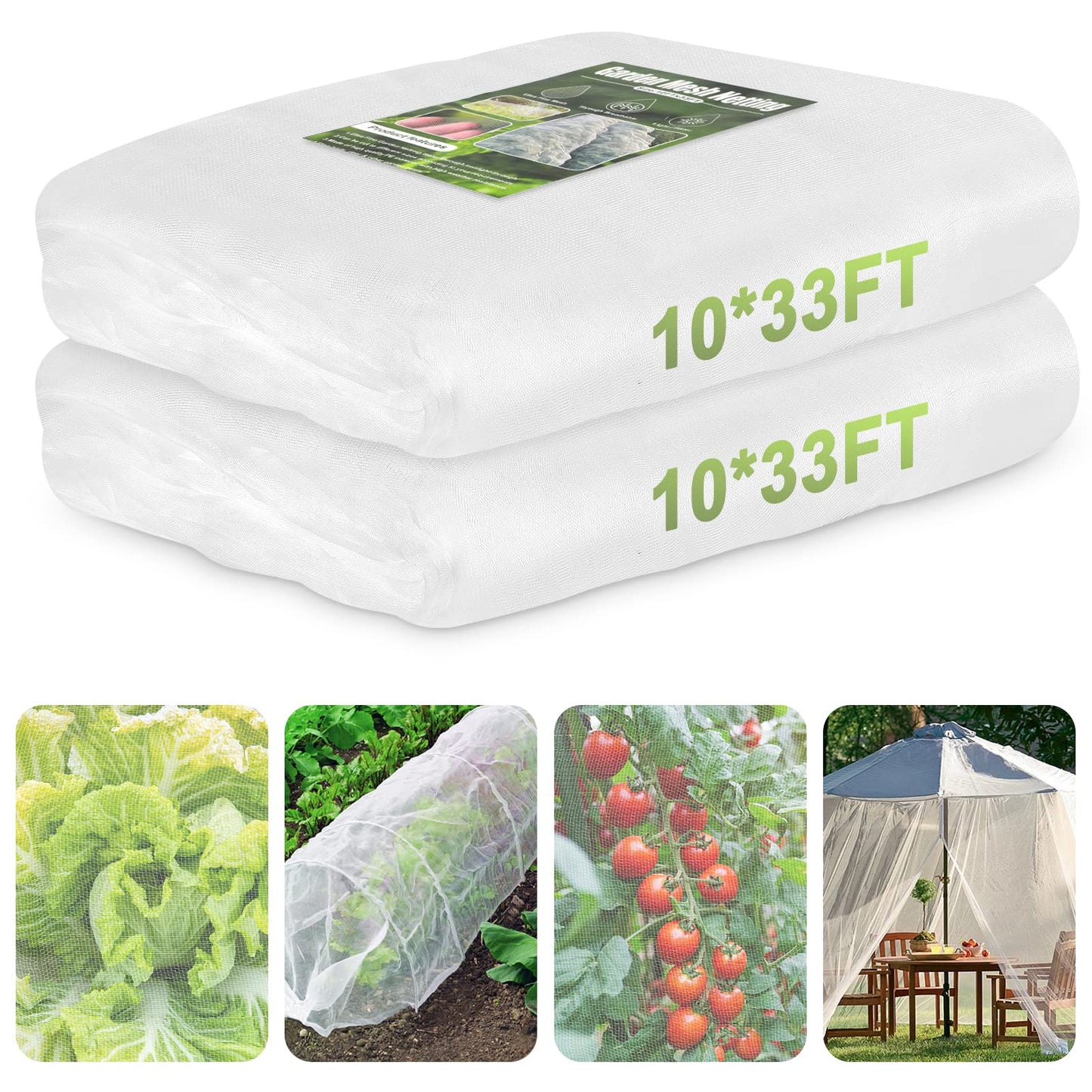 RIFNY Garden Netting, 2 Pack 10x33Ft Ultra Fine Mesh Netting Pest Barrier Protection Bird Mosquito Net Plants Cover for Vegetables Fruits Flowers Crops Greenhouse Row Cover Raised Bed Patio