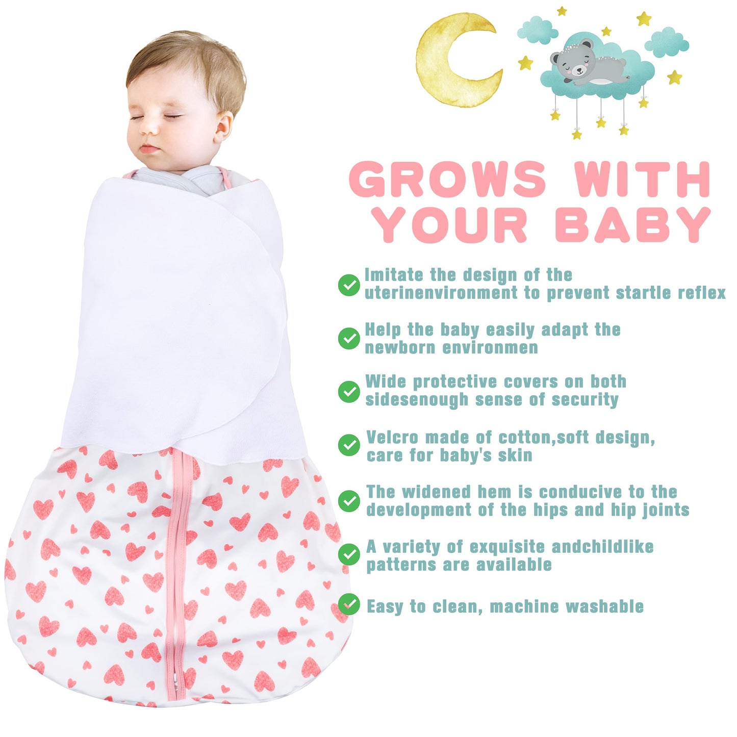 BSTOPPT Newborn Sleep Sack Baby Swaddle,3-6 Months,3-Way Adjustable Wearable Blanket,100% Rayon Cotton Swaddling Sleeping Bag，TOG 0.5（Heart&Floral）