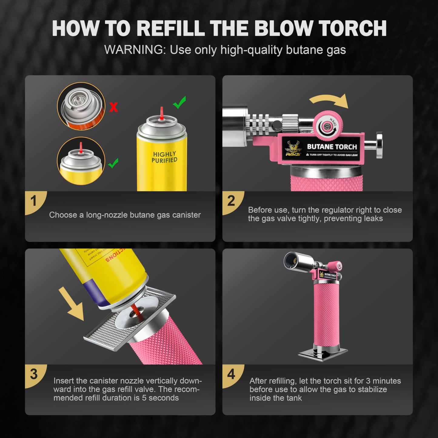 RAVS Butane Torch, Kitchen Torch Lighter for Creme Brulee with Adjustable Flame, Cooking Torch for Baking, BBQ, Desserts, Metal Mini Torch with Safety Buckle, Pink (Butane Not Included)