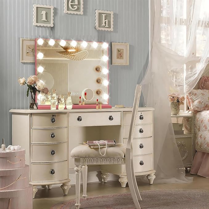 Pink Hollywood Vanity Mirror with Lights, 15 Dimmable Bulbs, 3 Color Lights,Make Up Lighted Mirror, Aluminum Metal Frame, USB Charging Port（23" x 18"）