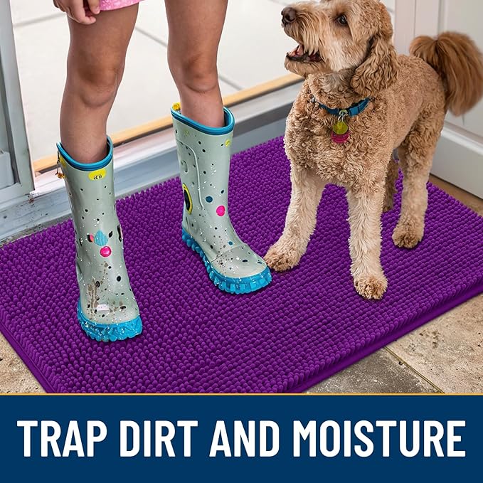Smiry Dog Door Mat for Muddy Paws 47x24, Absorbs Moisture and Dirt Doormat, Non-Slip Washable Quick Dry Chenille Front Door Mat Indoor Entrance, Entryway Carpet for Inside Floor, Purple