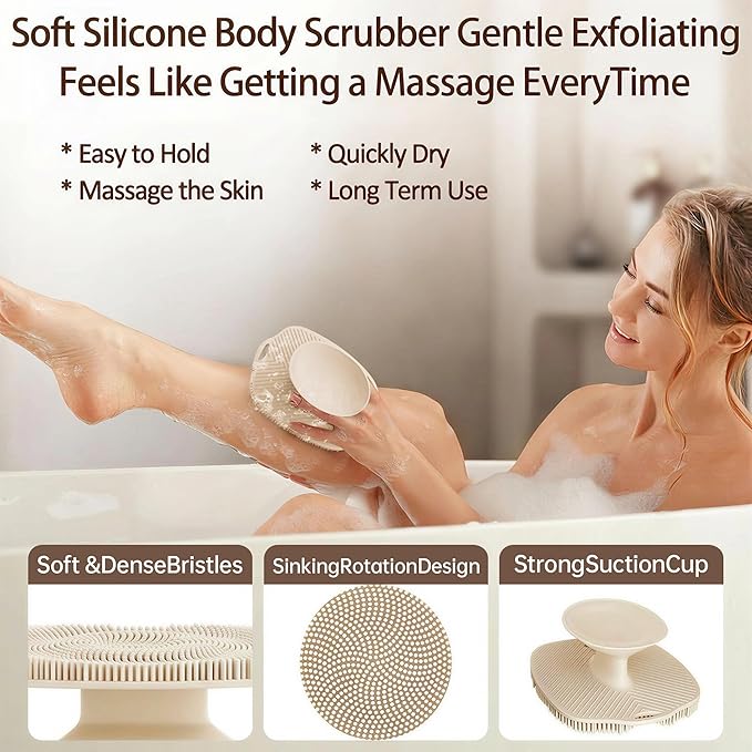 Soft Silicone Body Scrubber, Gentle Like a Hand Exfoliating Your Skin and Build Up Lather Easily, Back Large Suction Cup Easy to Store, Long-Lasting & Deep Clean (Beige)