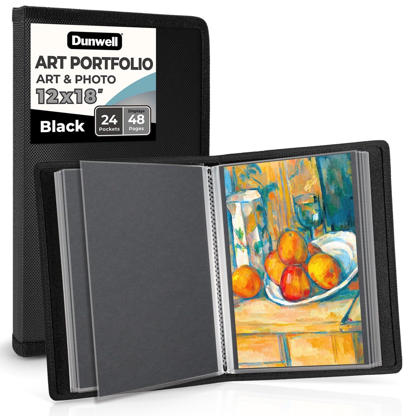 Dunwell 12x18 Art Portfolio Binder with Mounting Paper (Black), Large Portfolio Folder for Artwork Storage, 24 Clear Sleeves Display 48 Pages, 12 x 18 Presentation Book, Acid-Free Poly