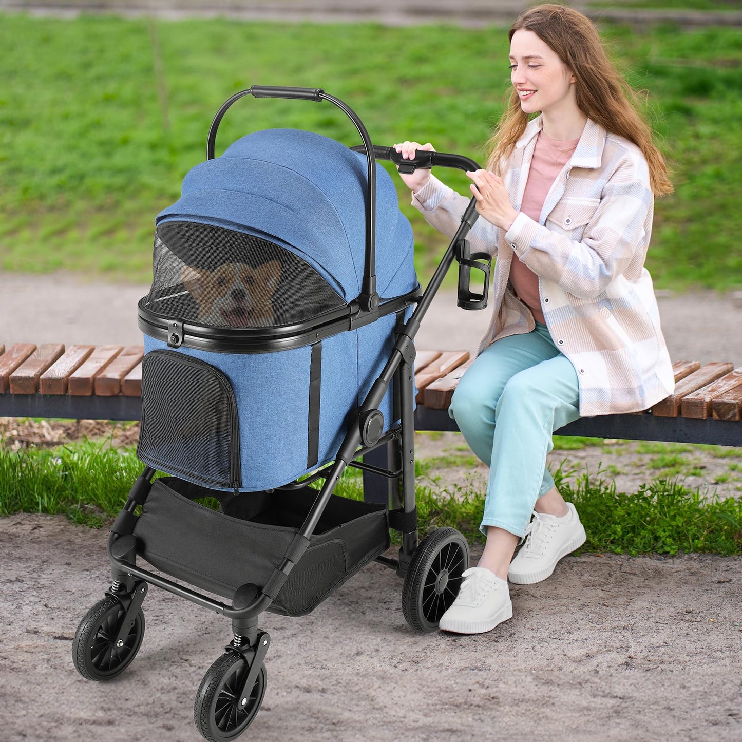 MAMIZO Pet Stroller for Medium Dogs Cats Up to 44 lbs, All-Terrain 3-in-1 Dog Stroller with Detachable Carrier, Rubber Wheels, One-Click Folding, Storage Basket & Cup Holder, for Senior Dogs & Cats