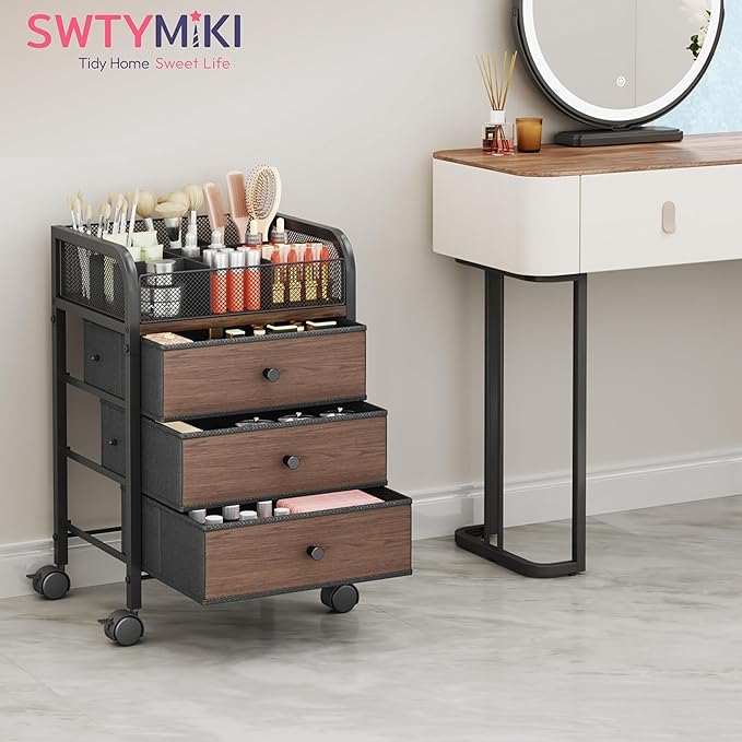 SWTYMIKI Rolling Makeup Organizer Cart - 14.96Ã¢ÂÂ³*11.81Ã¢ÂÂ³*23.03Ã¢ÂÂ³ Widened Under Desk Vanity Storage with 3 Non-woven Drawers, Cosmetic Display Cases for Skin Care Perfume Nail Polish Brush Hair Tool Black
