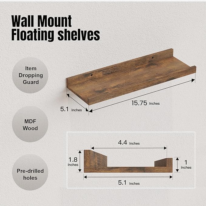 RICHER HOUSE 5 Set Floating Shelves for Wall Decor, Wall Mounted Book Shelf, Nursery Shelves Picture Ledge Shelf with Lip for Storage, Bedroom, Living Room, Bathroom - Brown
