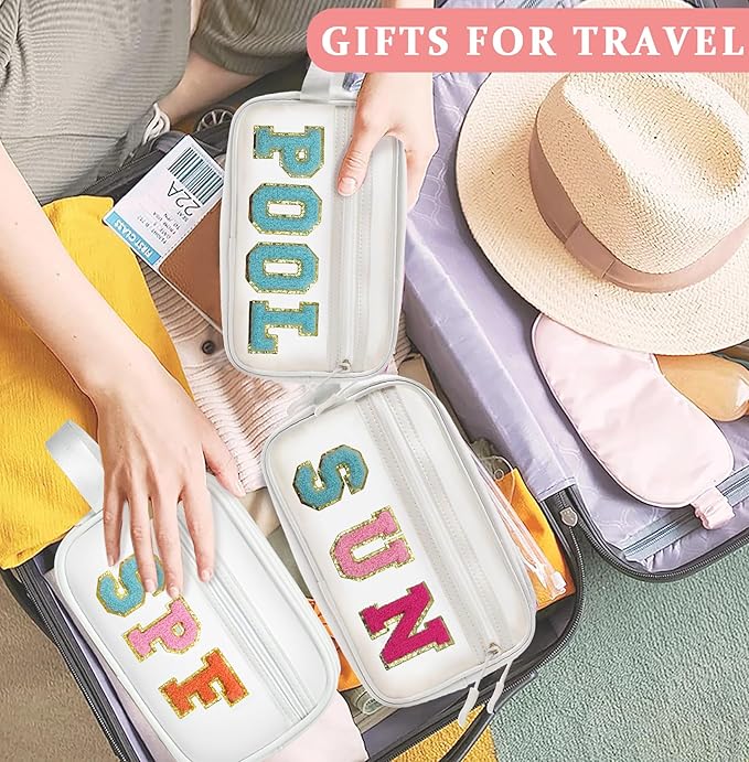 COSHAYSOO Clear Sunscreen Bag SPF Beach Vacation Essentials Waterproof Summer Pool Must Have Accessories for Women Teen Girls, Family Beach Day Organizer Toiletry Pouch Travel Gifts Preppy Letter