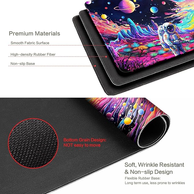 Cyberpunk Astronaut Mouse Pad Desk Mat Fantasy Planet Space Large Gaming Mouse Pad Anime Desk Pad Mousepad XL Extended Keyboard Mat Futuristic Cosmic Adventure Mouse Mat, Waterproof, 31.5 x 11.8 in