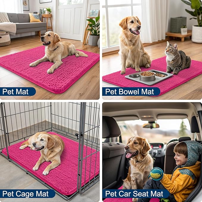 Smiry Dog Door Mat for Muddy Paws 59x35, Absorbs Moisture and Dirt Doormat, Non-Slip Washable Quick Dry Chenille Front Door Mat Indoor Entrance, Entryway Carpet for Inside Floor, Hot Pink