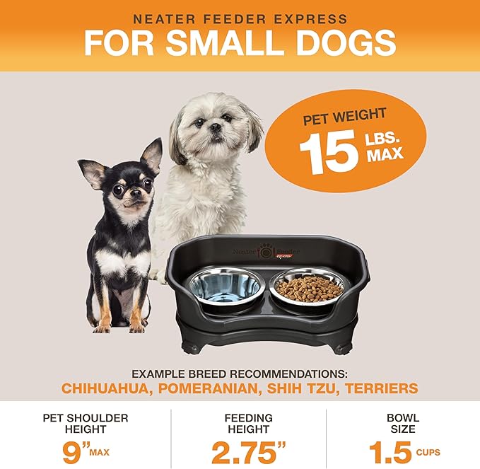 Neater Feeder Express Mess Proof Dog Bowls Elevated for Small Breeds Under 15 Lb, Made in USA, No Spill Raised Dog Food Bowl Stand, Stainless Steel Food and Water Bowl Set, Feeding Station, Black