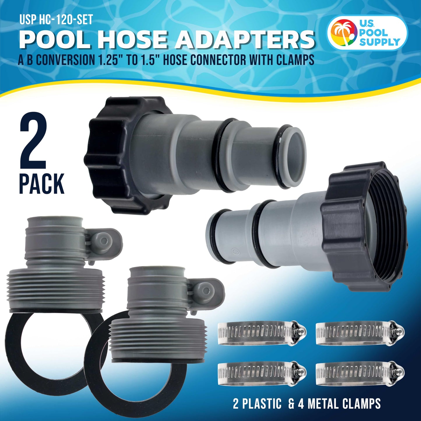 U.S. Pool Supply Pool Hose Adapter A B Conversion 1.25" to 1.5" Hose Connector with Clamps, Pack of 2 - Above Ground Replacement Compatible with Intex Pool Filter Pumps, Sand Filters Saltwater Systems