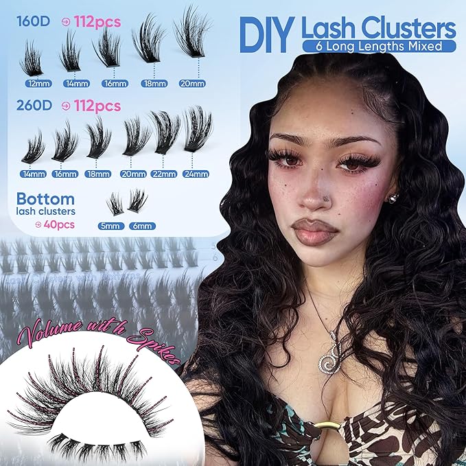 CORUSCATE Spikes Lash Clusters with Bottom Lashes 160D+260D Cluster Eyelash Extensions 3D Volume Individual Lashes Wispy 12-22mm Long Cluster Lashes Spiky Mega Dramatic Full Look Strip Lash Extension