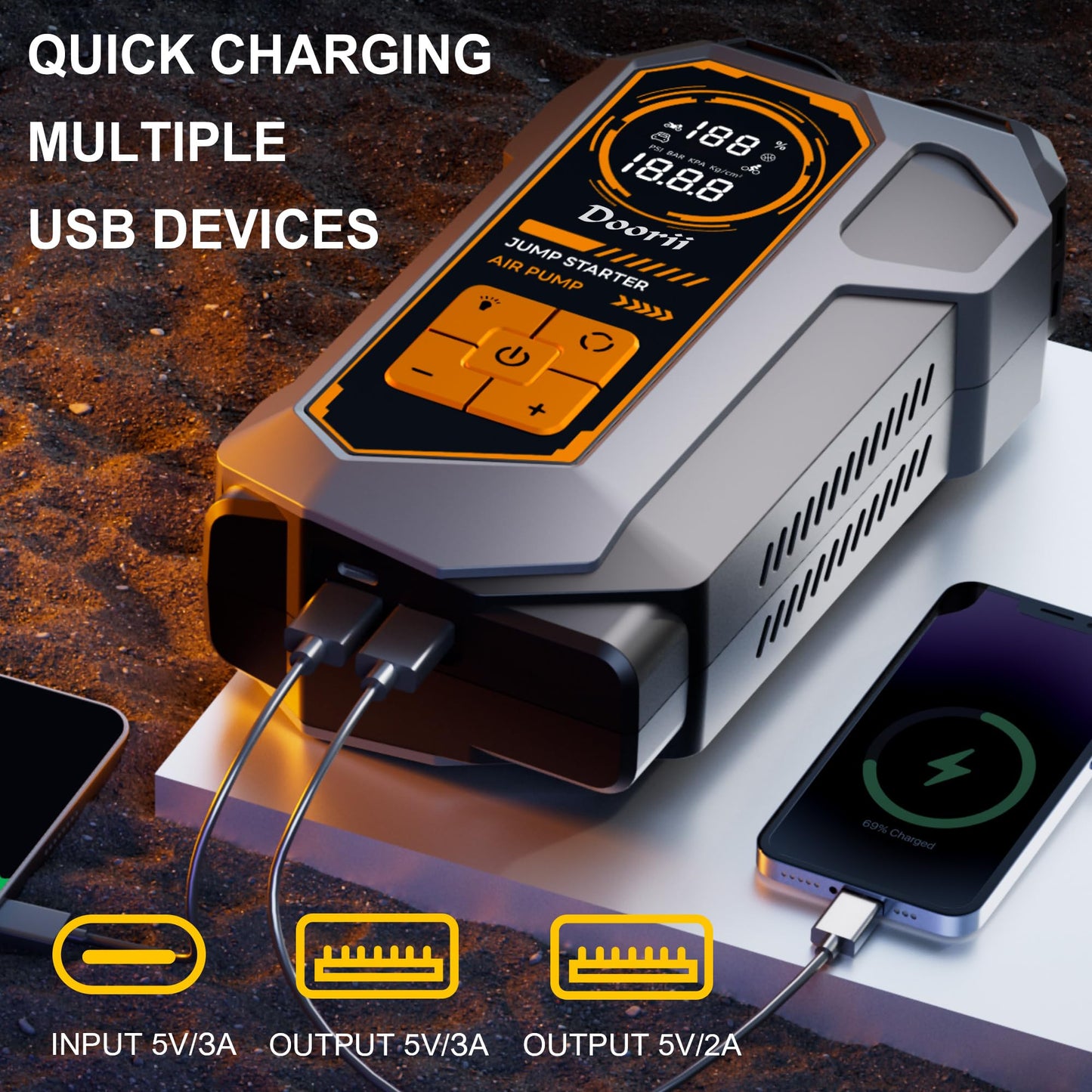 Doorii Jump Starter with Air Compressor, Car Jumper Starter Portable 6000A, 150PSI Tire Inflator/Air Pump, LED Flashlight for Up to 10.0L Gas / 8.0L Diesel Engines
