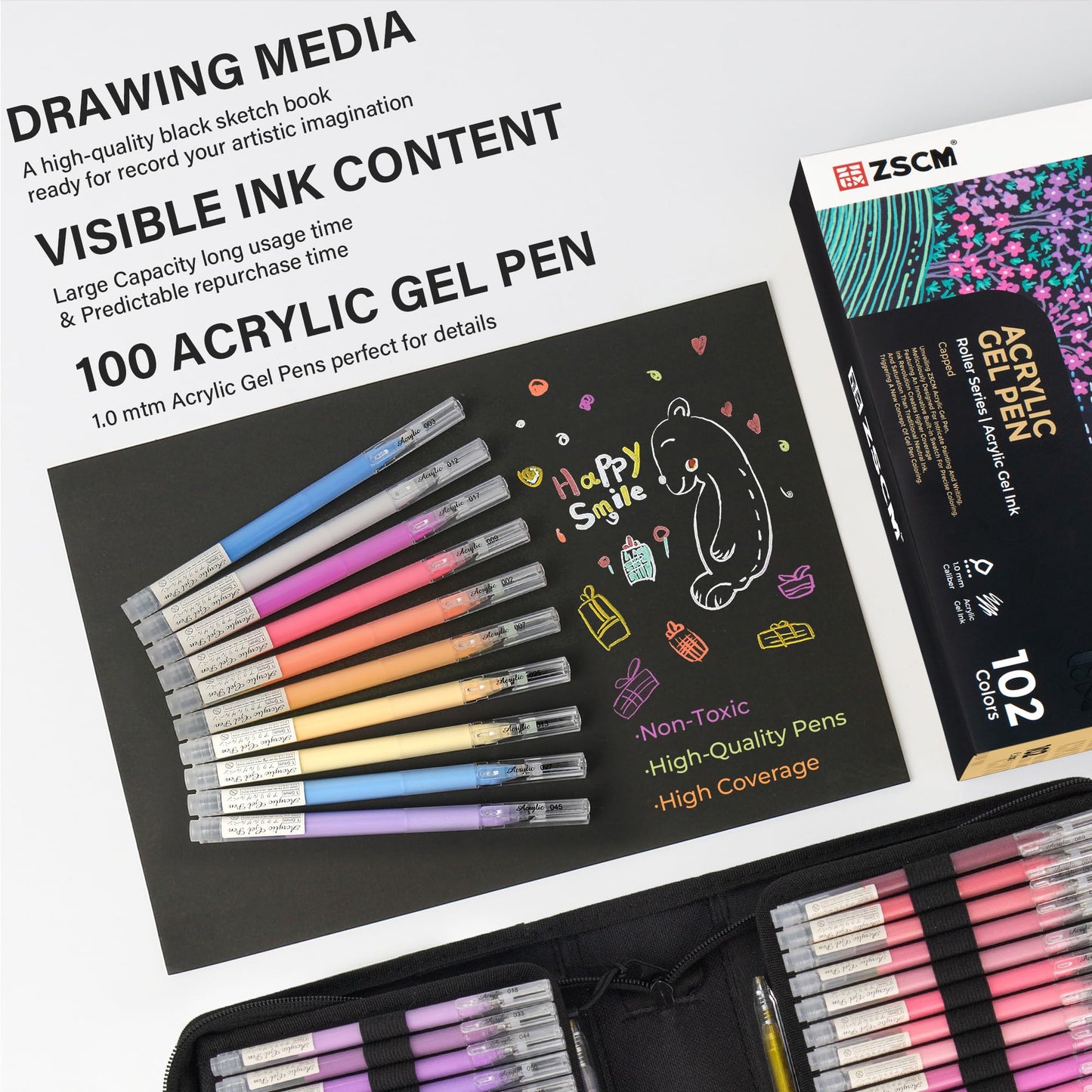 ZSCM 100 Colors 3D Acrylic Gel Pens & Black Paper Sketchbook for Drawing, 1mm Fine Point Acrylic Ink Pen, Opaque Archival Ink Pens for Black Paper Drawing, Sketching, Illustration, Card Making