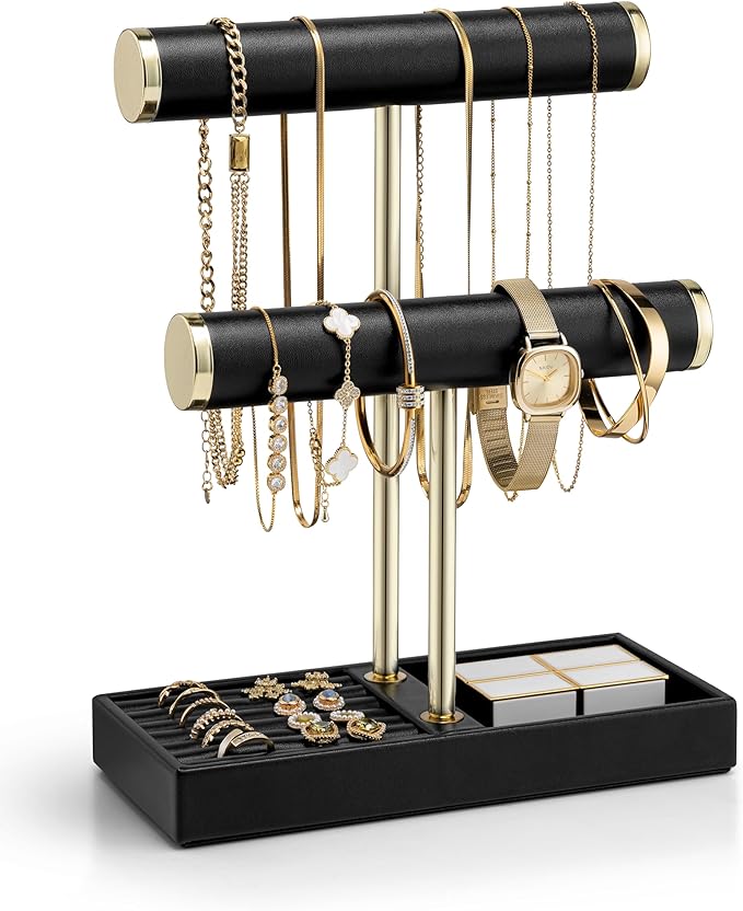 VLANDO 2 Tier Bracelet Holder Organizer with Tray - Leather Jewelry Stand Organizer for Women - Jewelry Holder Display for Necklace, Watches, Rings, Earrings, Bangle, Scrunchie - Black