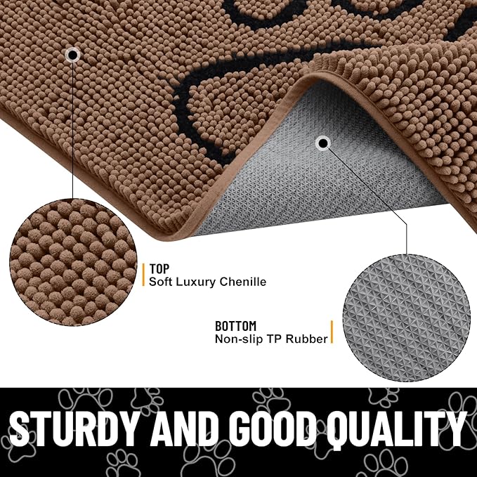 Smiry Dog Door Mat for Muddy Paws, Absorbent Dirt Trapper Non Slip Quick Dry Washable Chenille Mat for Mud Dogs, Entry Rug for Indoor and Outdoor (36x24 Inches, Coffee and Black)
