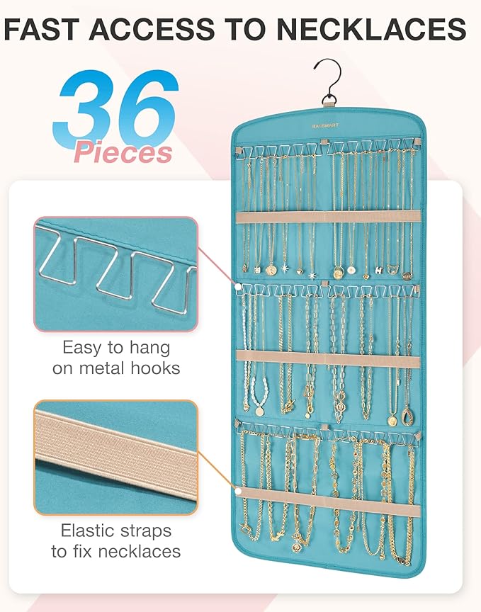 BAGSMART Hanging Jewelry Organizer, Necklace Holder Anti-tangle Earrings Rings Hanger with 20 Jewelry Bags Travel Storage Roll with Pockets Hang on Closet, Wall, Door,1 Piece, Large, Teal