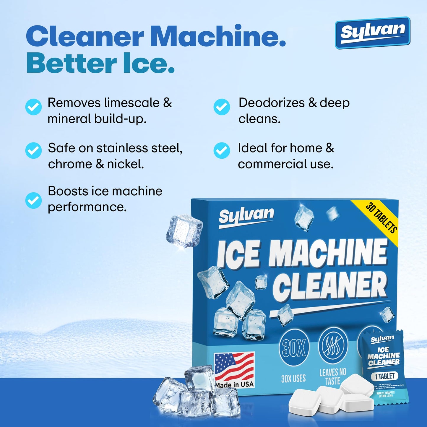 Sylvan Ice Machine Cleaner and Descaler Tablets | 30 Tabs | Made in USA | Nickel Safe Ice Maker Cleaner and Descaler | Universal Compatibility for Commercial & Residential Ice Makers