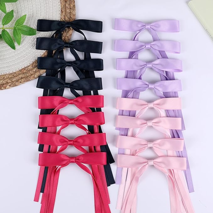 Hair Bows Clips Coquette Ribbon Bowknot with Long Tail Princess Hair Bows French Barrettes Hair Accessories for Women Girls 16PCS (Rose red, Dark Blue, Purple, Pink)